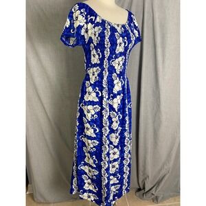 Vintage Hawaiian Dress Blue White Hibiscus Print Smocked Bodice Maxi‎ Luau Beach